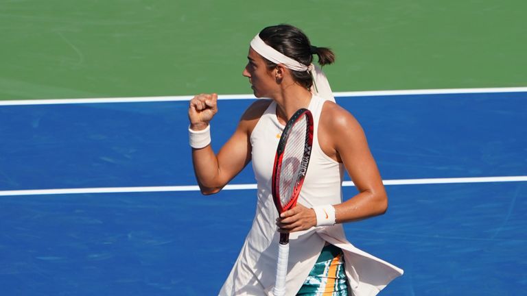 Caroline Garcia of France celebrates a point against Johanna Konta of Great Britain during their 2018 US Open women's match August 28, 2018 in New York