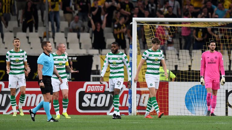 14/08/18 UEFA CHAMPIONS LEAGUE QUALIFYING THIRD ROUND QUALIFIER 2nd LEG. AEK ATHENS v CELTIC . ATHENS - GREECE. The Celtic players look dejected after Athens open the scoring