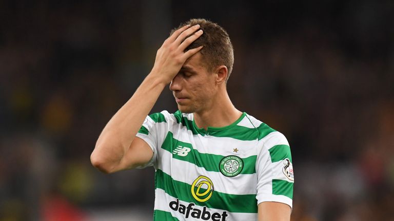 14/08/18 UEFA CHAMPIONS LEAGUE QUALIFYING THIRD ROUND QUALIFIER 2nd LEG. AEK ATHENS v CELTIC . ATHENS - GREECE. Celtic’s Jozo Simunovic looks dejected at full time