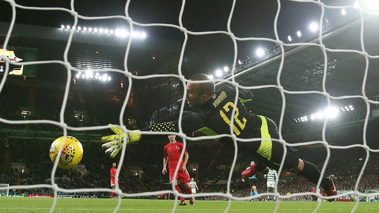 Kristoffer Ajer heads Celtic's third goal against FK Suduva in the Europa League play-offs