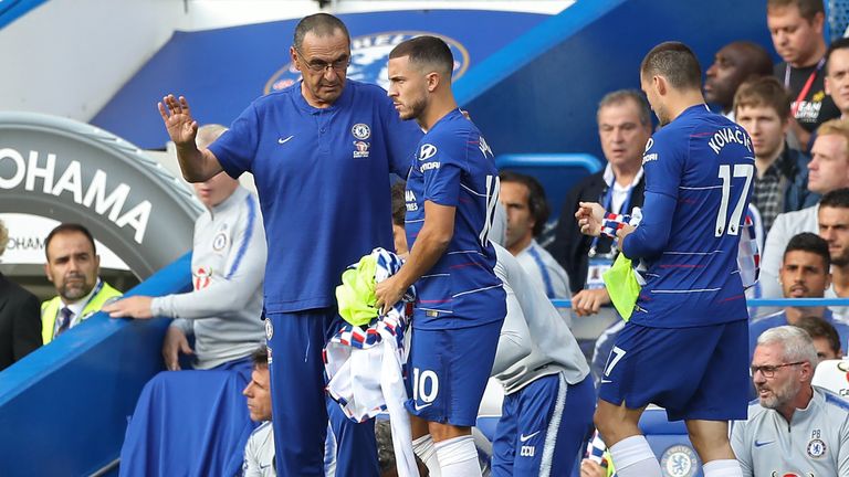 Chelsea boss Maurizio Sarri with Eden Hazard