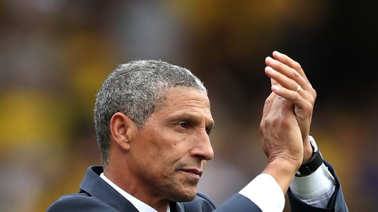 Chris Hughton applauds the Brighton fans after the 2-0 away defeat to Watford