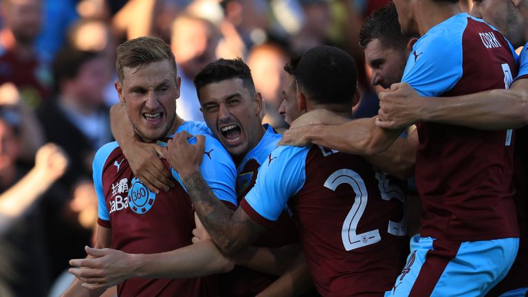 Burnley's Chris Wood celebrates the opening goal of the game during the UEFA Europa League, Second Qualifying Round, Second Leg match at Turf Moor, Burnley. 