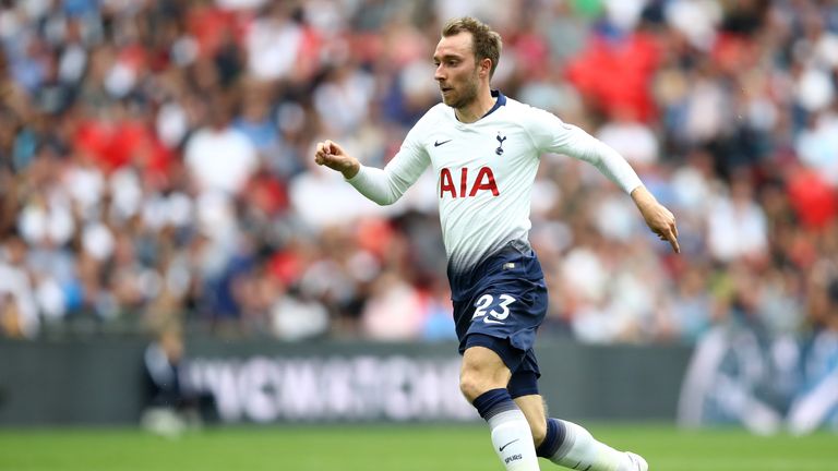 Christian Eriken during the Premier League match between Tottenham Hotspur and Fulham FC at Wembley Stadium on August 18, 2018 in London, United Kingdom.