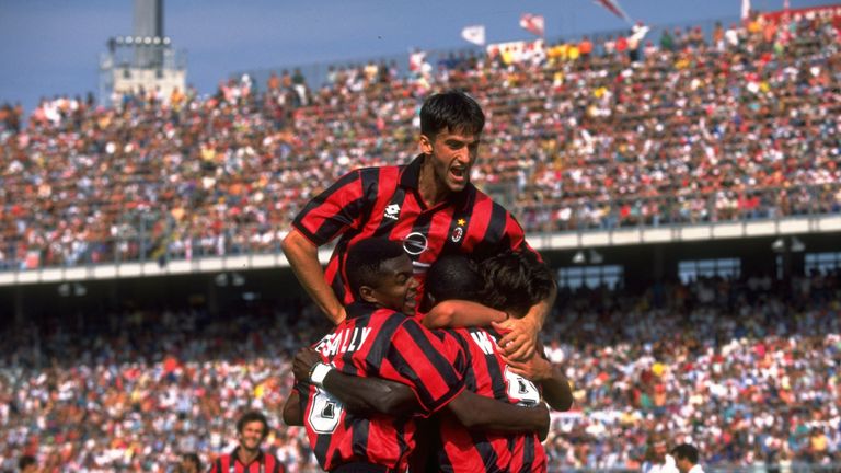 Christian Panucci and Marcel Desailly are among those celebrating an AC Milan goal