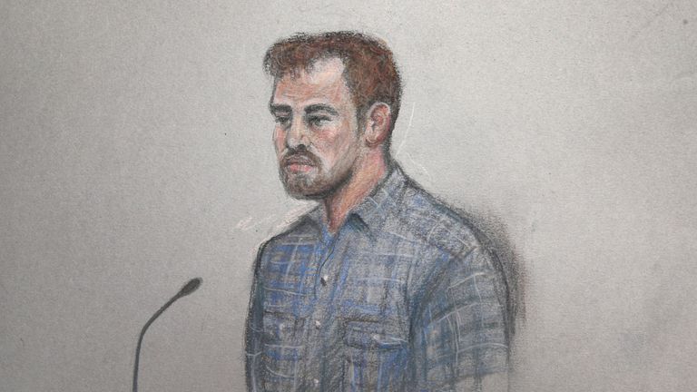 Court artist sketch of Danny Cipriani, by Elizabeth Cook, appearing at Jersey Magistrates' Court