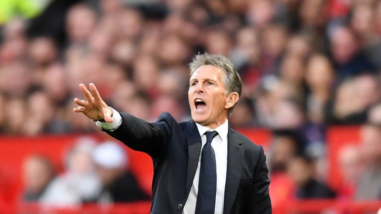 Claude Puel shouts instructions to his team during the Premier League match between Manchester United and Leicester City at Old Trafford