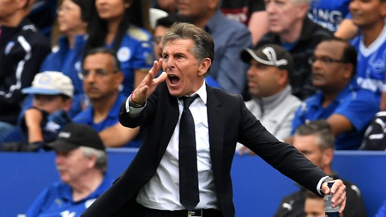 Claude Puel, Manager of Leicester City reacts during the Premier League match between Leicester City and Wolverhampton Wanderers at The King Power Stadium on August 18, 2018 in Leicester, United Kingdom. 