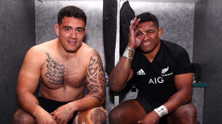 Codie Taylor of the All Blacks and Waisake Naholo of the All Blacks pose in their changeroom after winning The Rugby Championship Bledisloe Cup match between the Australian Wallabies and the New Zealand All Blacks at ANZ Stadium on August 18, 2018 in Sydney, Australia.