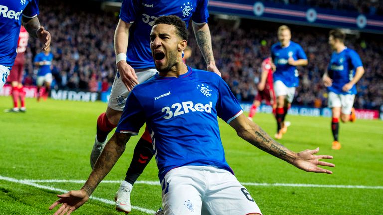 Connor Goldson celebrates putting Rangers 1-0 up