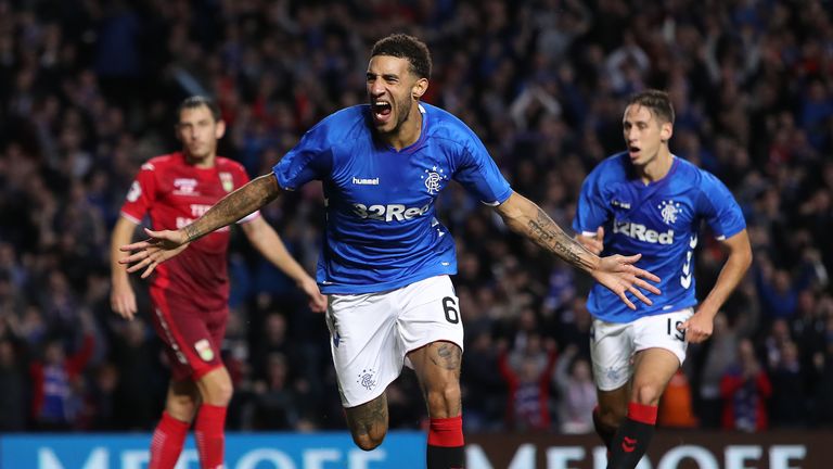 Connor Goldson of Rangers celebrates after scoring his team's opening goal 