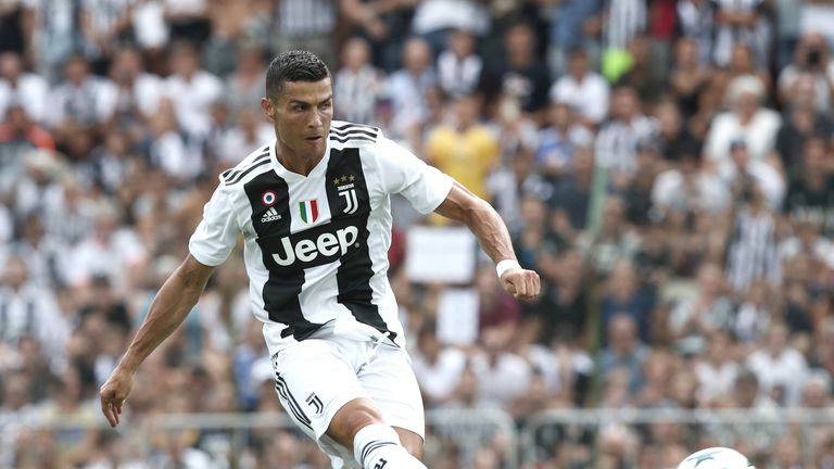 Cristiano Ronaldo scores during the friendly match between Juventus and Juventus B at Villar Perosa, on August 12, 2018