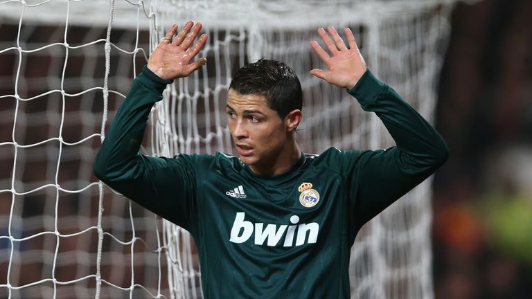 Cristiano Ronaldo reacts after scoring for Real Madrid at Old Trafford in March, 2013