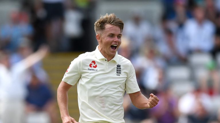 Sam Curran celebrates 1 of his 3 wickets on the second day of the 1st Test between England and India.