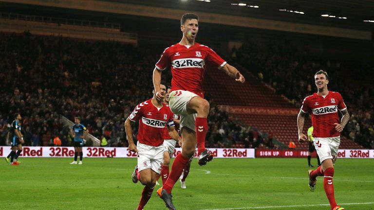 Middlesbrough's Daniel Ayala celebrates scoring his side's first goal of the game v West Brom during the Sky Bet Championship match at the Riverside Stadium, Middlesbrough, 24 August 2018