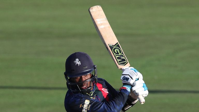 CANTERBURY, ENGLAND - AUGUST 02: Daniel Bell-Drummond of Kent Spitfires hits out during the Vitality Blast match between Kent Spitfires and Essex Eagles at The Spitfire Ground on August 2, 2018 in Canterbury, England. (Photo by Sarah Ansell/Getty Images). *** Local Caption *** Daniel Bell-Drummond 