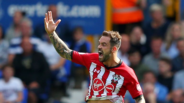 Danny Ings of Southampton celebrates after scoring his team's first goal during the Premier League match between Everton FC and Southampton FC at Goodison Park on August 18, 2018 in Liverpool, United Kingdom