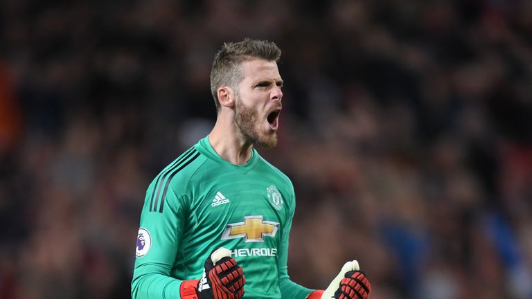 Manchester United&#39;s David de Gea celebrates after Luke Shaw (not pictured) scores their second goal