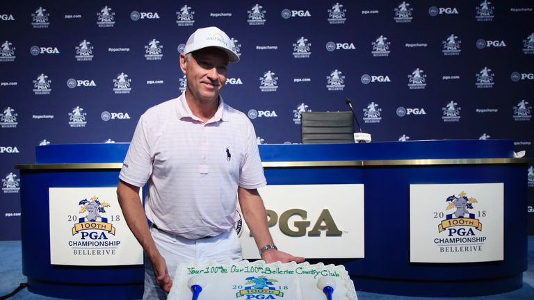 during a practice round prior to the 2018 PGA Championship at Bellerive Country Club on August 7, 2018 in St. Louis, Missouri.