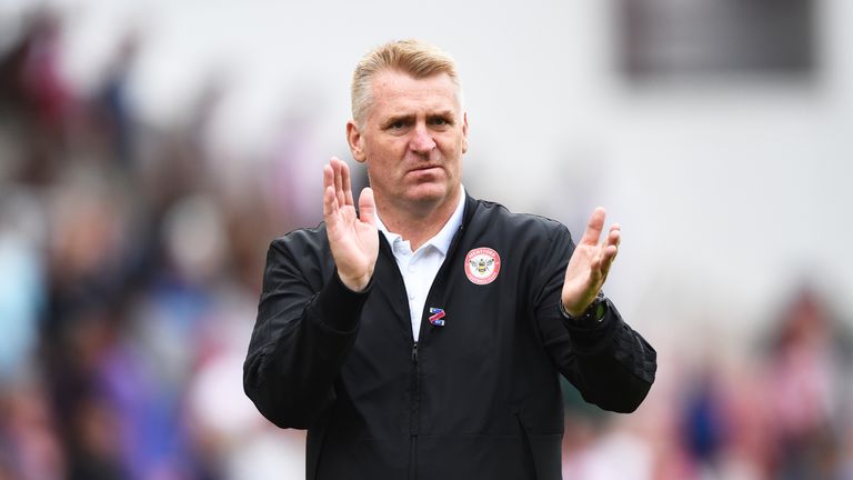 Dean Smith applauds the fans after the Sky Bet Championship between Stoke City and Brentford at Bet365 Stadium on August 11, 2018