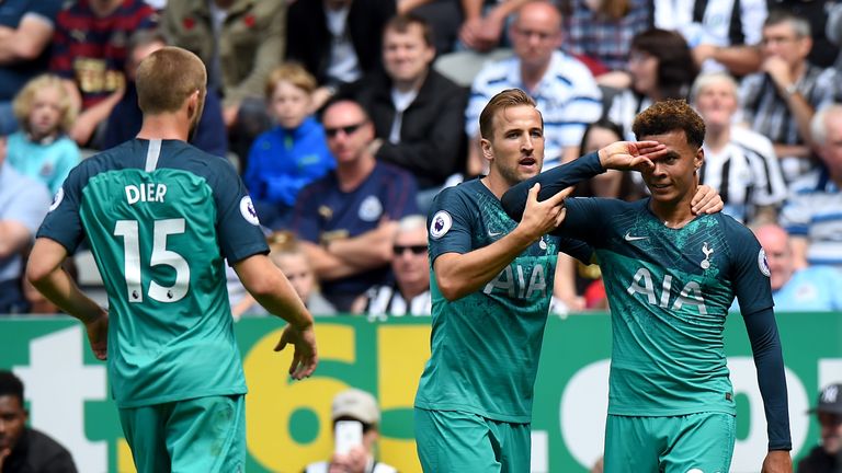 Dele Alli and Harry Kane during the Premier League match between Newcastle United and Tottenham Hotspur at St. James Park on August 11, 2018 in Newcastle upon Tyne, United Kingdom.