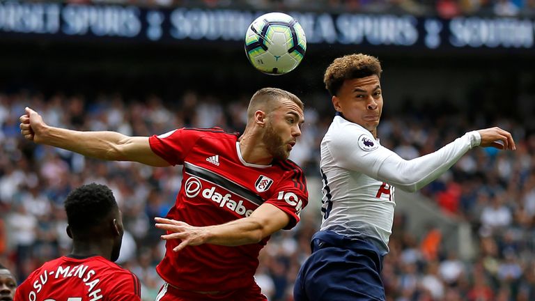 Tottenham Hotspur's Dele Alli (R) jumps for the ball with Fulham's Calum Chambers during the English Premier League football match between Tottenham Hotspur and Fulham at Wembley Stadium in London, on August 18, 2018