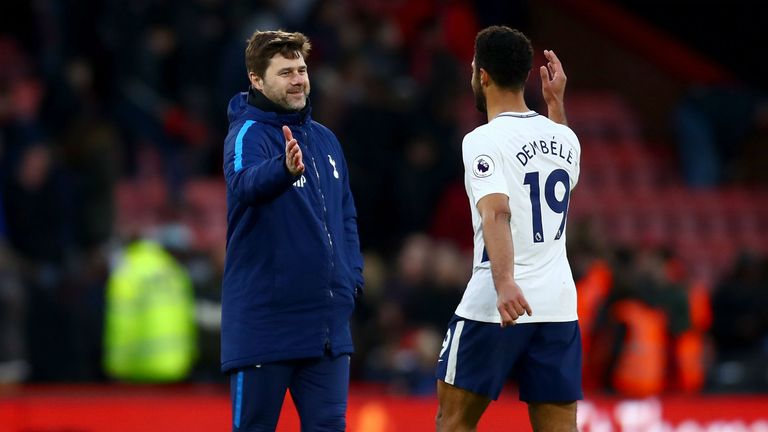 Mauricio Pochettino, Manager of Tottenham Hotspur and Fernando Llorente of Tottenham Hotspur embrace after the Premier League match between AFC Bournemouth and Tottenham Hotspur at Vitality Stadium on March 11, 2018 in Bournemouth, England. 