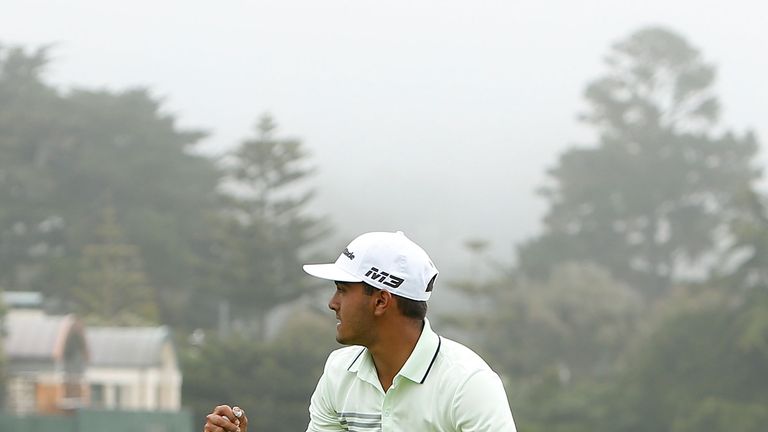 Devon Bling of the United States celebrates after winning his semi-final round match against Isaiah Salinda of the United States during the U.S. Amateur Championship at Pebble Beach Golf Links on August 18, 2018 in Pebble Beach, California.