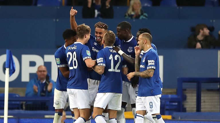 Dominic Calvert-Lewis (C) celebrates with team-mates after putting Everton 2-0 up