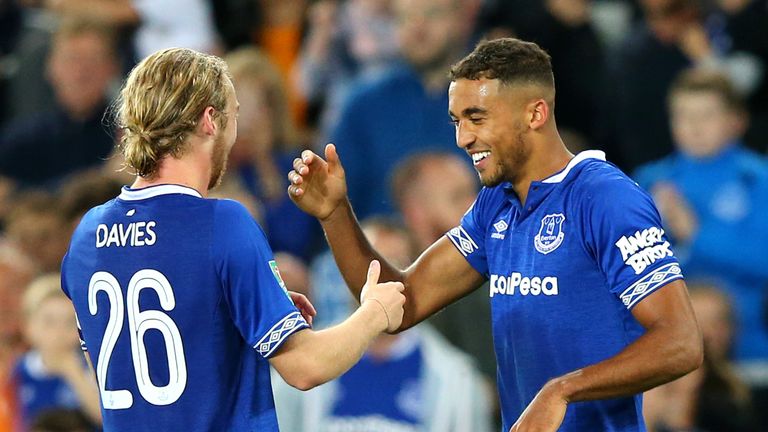 Dominic Calvert-Lewin celebrates his goal with Tom Davies