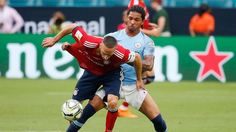 Douglas Luiz challenges Bayern Munich's Franck Ribery during a pre-season friendly in Florida