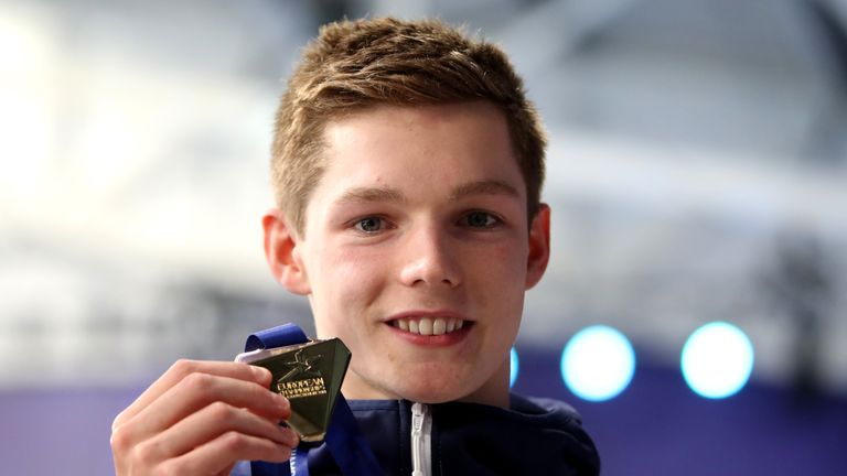 Duncan Scott of Great Britain poses with his Gold medal after winning the Men's 200m Freestyle Final during the swimming on Day six of the European Championships Glasgow 2018 at Tollcross International Swimming Centre on August 7, 2018 in Glasgow, Scotland. Scotland. 