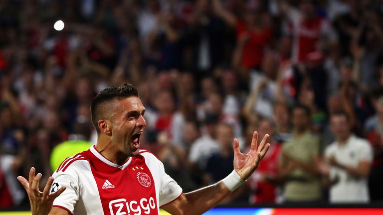 during the UEFA Champions League Play-off 1st leg match between Ajax and Dynamo Kiev held at Johan Cruyff Arena on August 22, 2018 in Amsterdam, Netherlands.