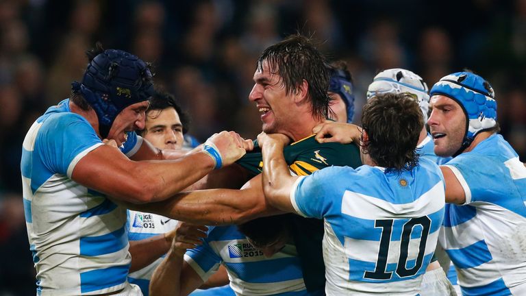 Eben Etzebeth of South Africa clashes with Tomas Lavanini and Nicolas Sanchez of Argentina during the 2015 Rugby World Cup Bronze Final match between South Africa and Argentina at the Olympic Stadium on October 30, 2015 in London, United Kingdom. 