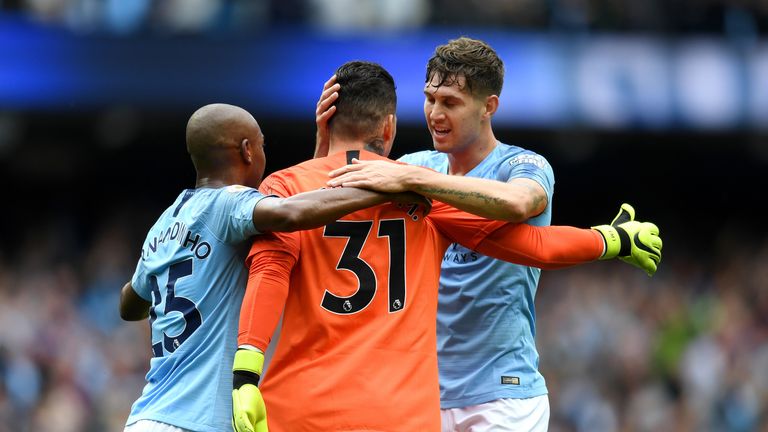 Manchester City goalkeeper Ederson is congratulated on his assist on Sunday