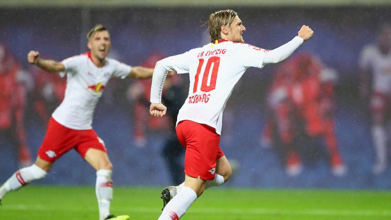 Emil Forsberg celebrates scoring late on for RB Leipzig