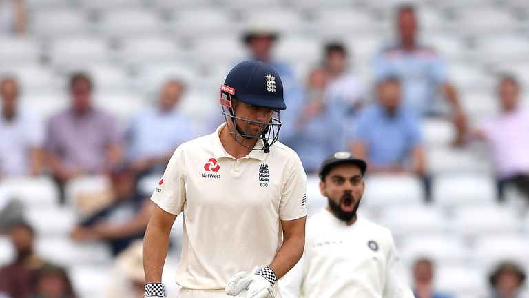 NOTTINGHAM, ENGLAND - AUGUST 21:  Alastair Cook of England leaves the field after being dismissed by Ishant Sharma of India during day four of the Specsavers 3rd Test match between England and India at Trent Bridge on August 21, 2018 in Nottingham, England.  (Photo by Gareth Copley/Getty Images)