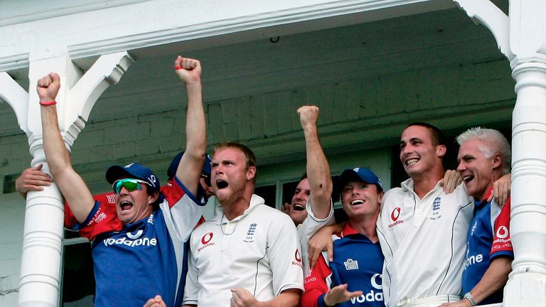 The England team celebrate winning the fourth Ashes Test in August 2005
