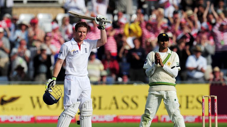 Eoin Morgan celebrates his century on his way to 130 against Pakistan in 2010