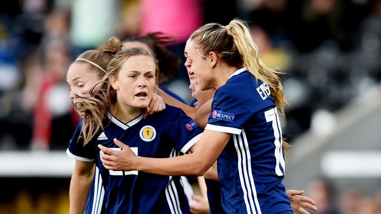 30/08/18 FIFA WOMENS 2019 WORLD CUP QUALIFIER .SCOTLAND WOMEN V SWITZERLAND WOMEN.THE SIMPLE DIGITAL ARENA - PAISLEY .Scotland...s Erin Cuthbert celebrates her goal to make it 1-0 