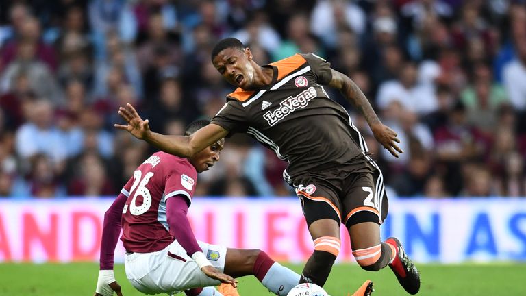 Ezri Konsa is tackled by Jonathan Kodjia at Villa Park