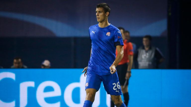 Filip Benkovic playing for Dinamo Zagreb in the Champions League against RB Salzburg