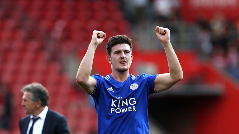 Harry Maguire celebrates after Leicester's win at Southampton