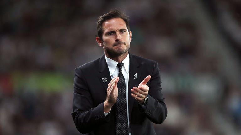 Derby County manager Frank Lampard on the touchline during the Sky Bet Championship match against Ipswich Town at Pride Park
