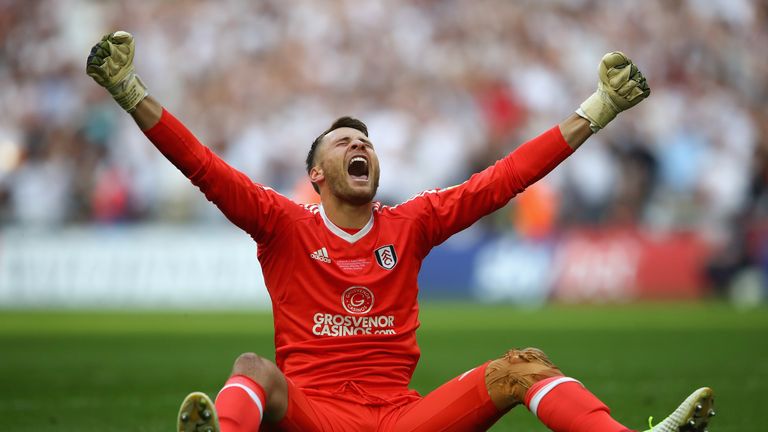 Marcus Bettinelli celebrates Fulham winning promotion to the Premier League at Wembley Stadium on May 26, 2018 in London, England.