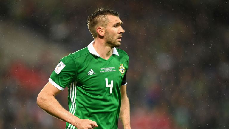 Gareth McAuley of Northern Ireland in action during the FIFA 2018 World Cup Qualifier Play-Off: First Leg between Northern Ireland and Switzerland at Windsor Park on November 9, 2017 in Belfast, Northern Ireland. 