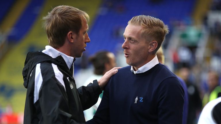 Swansea City manager Graham Potter (left) and Birmingham City manager Garry Monk (right) shake hands prior to the Sky Bet Championship match at St Andrew's Trillion Trophy Stadium, Birmingham. PRESS ASSOCIATION Photo. Picture date: Friday August 17, 2018. See PA story SOCCER Birmingham. Photo credit should read: Nick Potts/PA Wire.