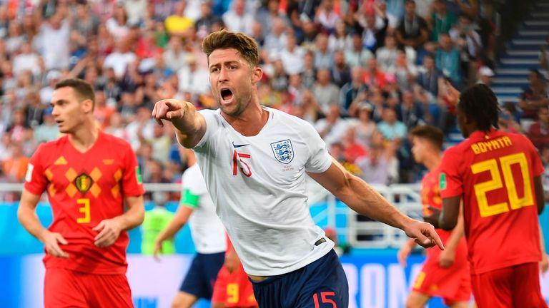El defensor de Inglaterra, Gary Cahill, reacciona durante el partido de fútbol del Grupo G de la Copa Mundial Rusia 2018 entre Inglaterra y Bélgica en el estadio de Kaliningrado en Kaliningrado el 28 de junio de 2018. 