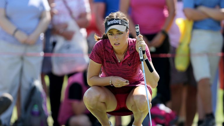 Georgia Hall of England lines up a putt on the first hole during the final round of the Ricoh Women's British Open at Royal Lytham and St Annes Golf Club on August 5, 2018 in Lytham St Annes, England