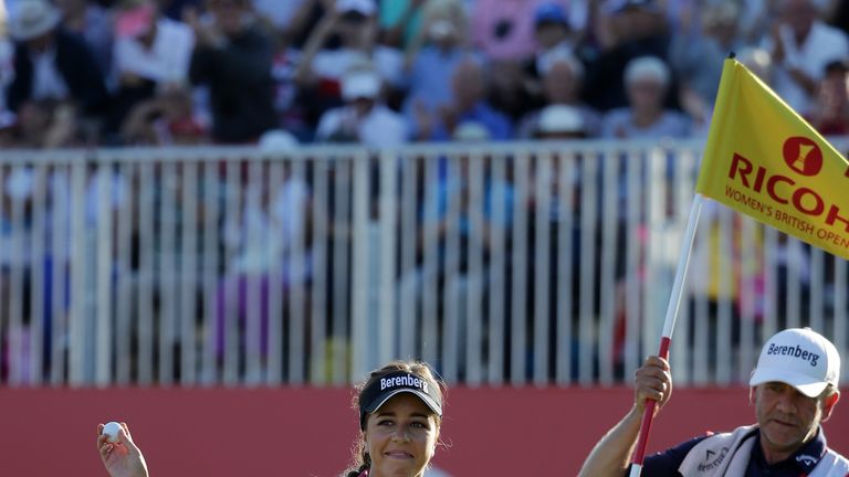 Georgia Hall of England celebrates after her final putt during the final round which makes her win the tournament during day four of Ricoh Women&#39;s British Open at Royal Lytham & St. Annes on August 5, 2018 in Lytham St Annes, England